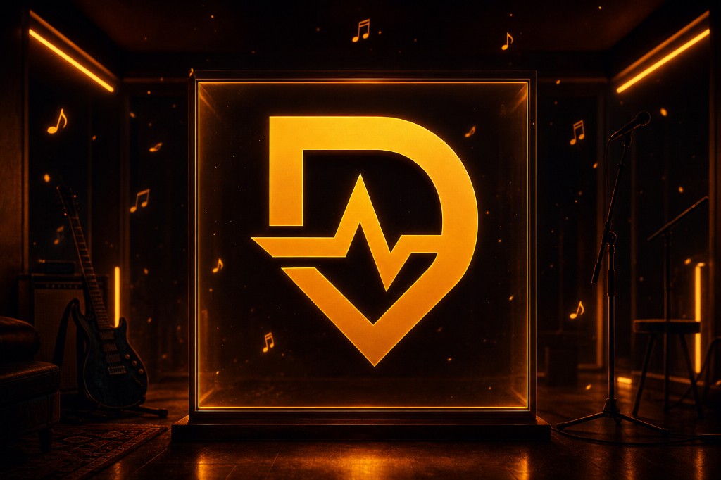 VRC Downbeat logo glowing in a dark studio lounge