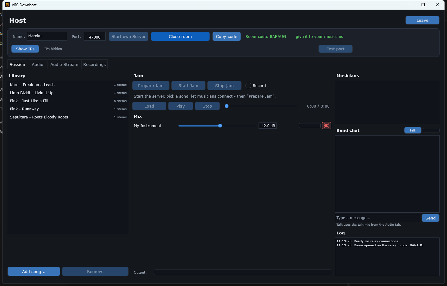 Host view with an open room on the Downbeat Server showing the room code, song library and hidden IPs