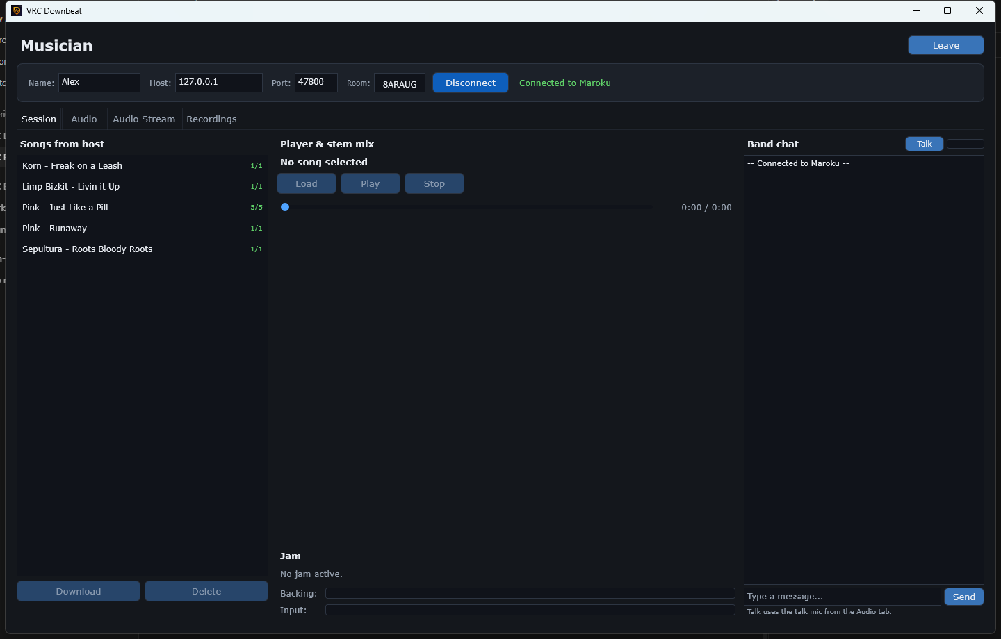 Musician view connected to the host via room code, showing the host's song list and band chat