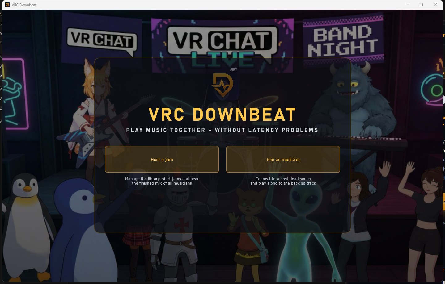 VRC Downbeat startup screen with Host a jam and Join as musician buttons